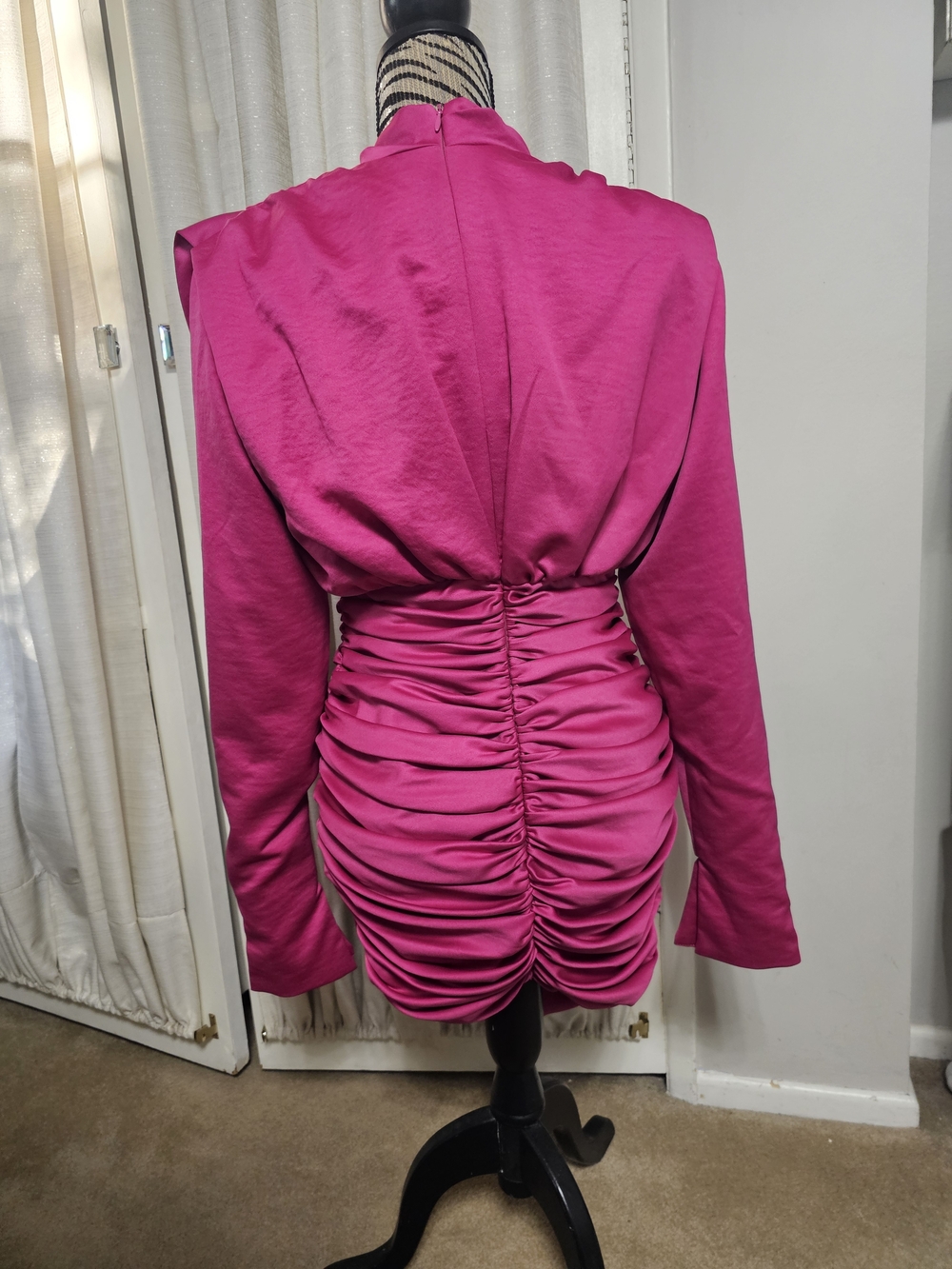 House of CB Hot Pink Satin Ruched Long-Sleeve Mini GIORGIANA Dress - Picture 6 of 13